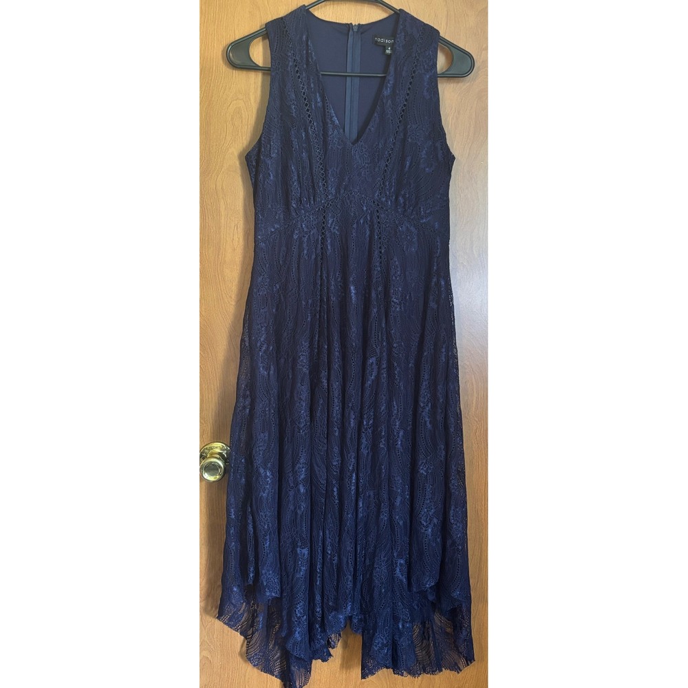 Madison Leigh Navy Blue Lace Sleeveless Handkerchief Hem Midi Dress 4